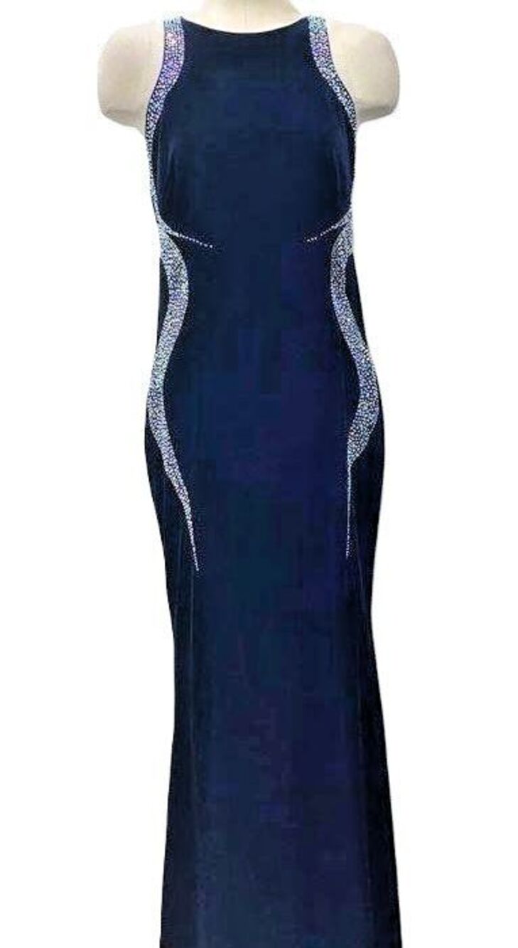 Vintage Cachet Midnight Blue Velvet Rhinestone Sequin Prom Gown Dress 10